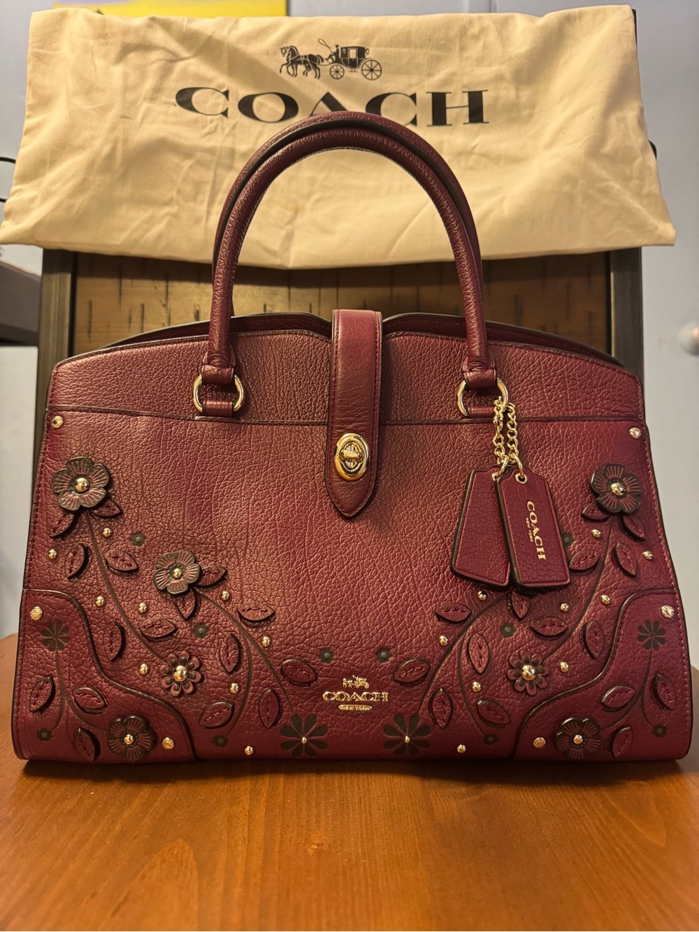 Coach Burgundy Willow Floral Leather Mercer 30 Satchel with Gold Accents